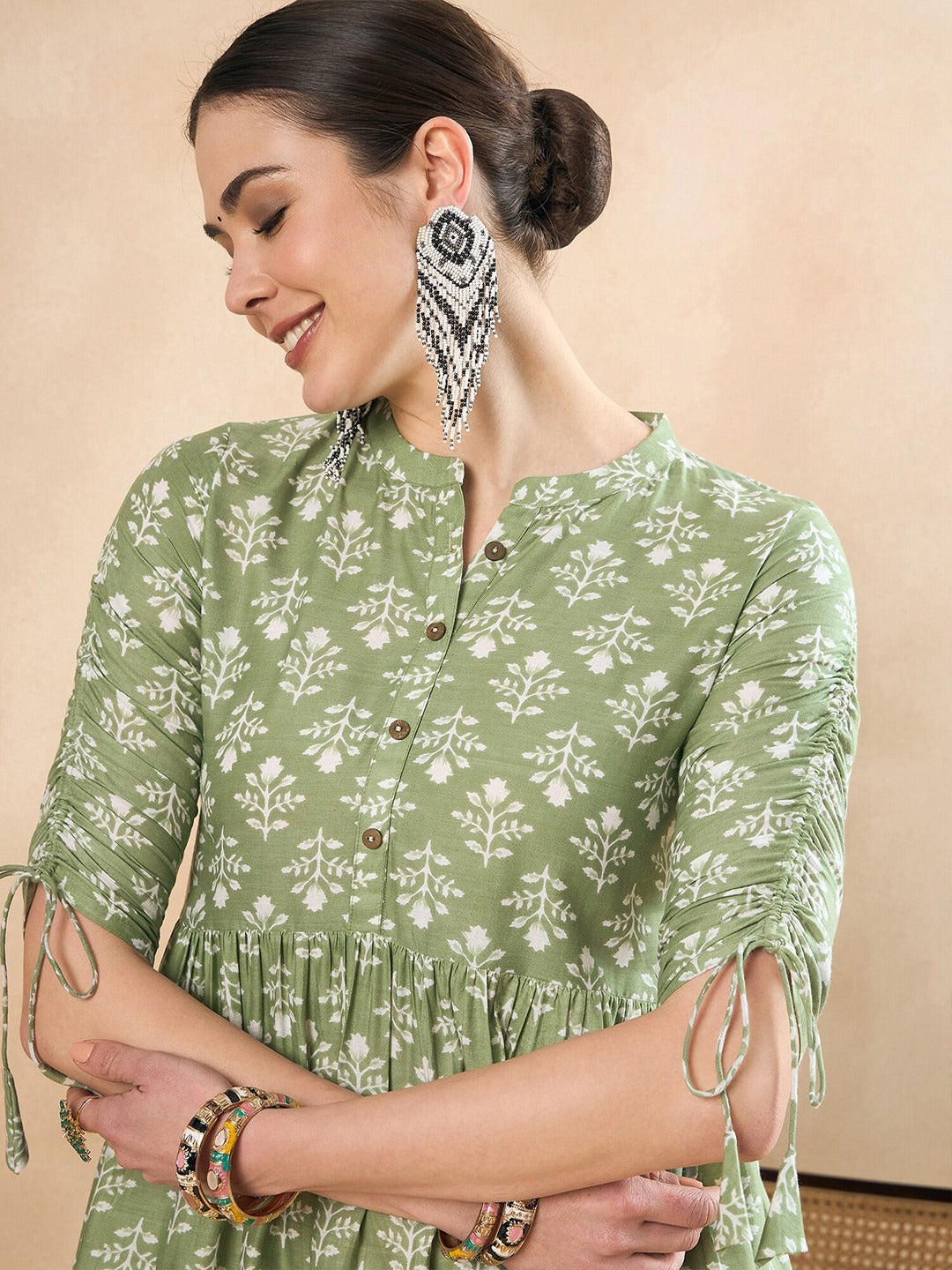Floral Printed Ruched Cotton A-Line Short Kurti