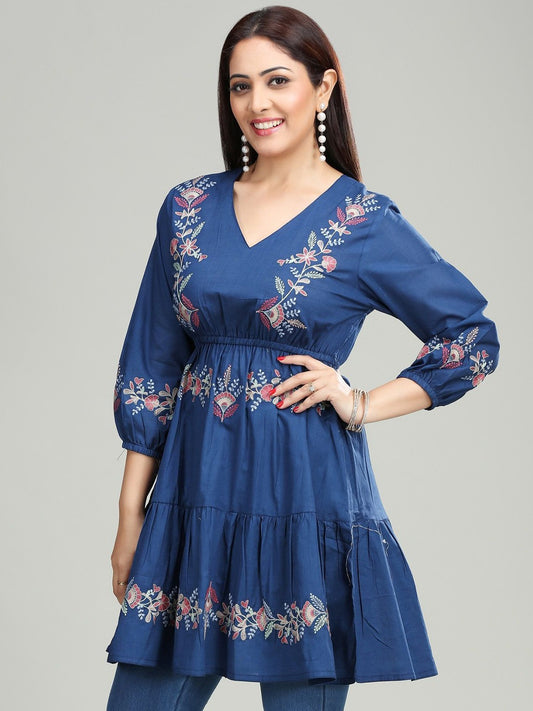 Women Floral V-Neck Thread Work Pure Cotton Thread Work Anarkali Kurti