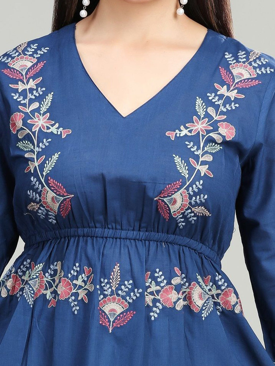 Women Floral V-Neck Thread Work Pure Cotton Thread Work Anarkali Kurti