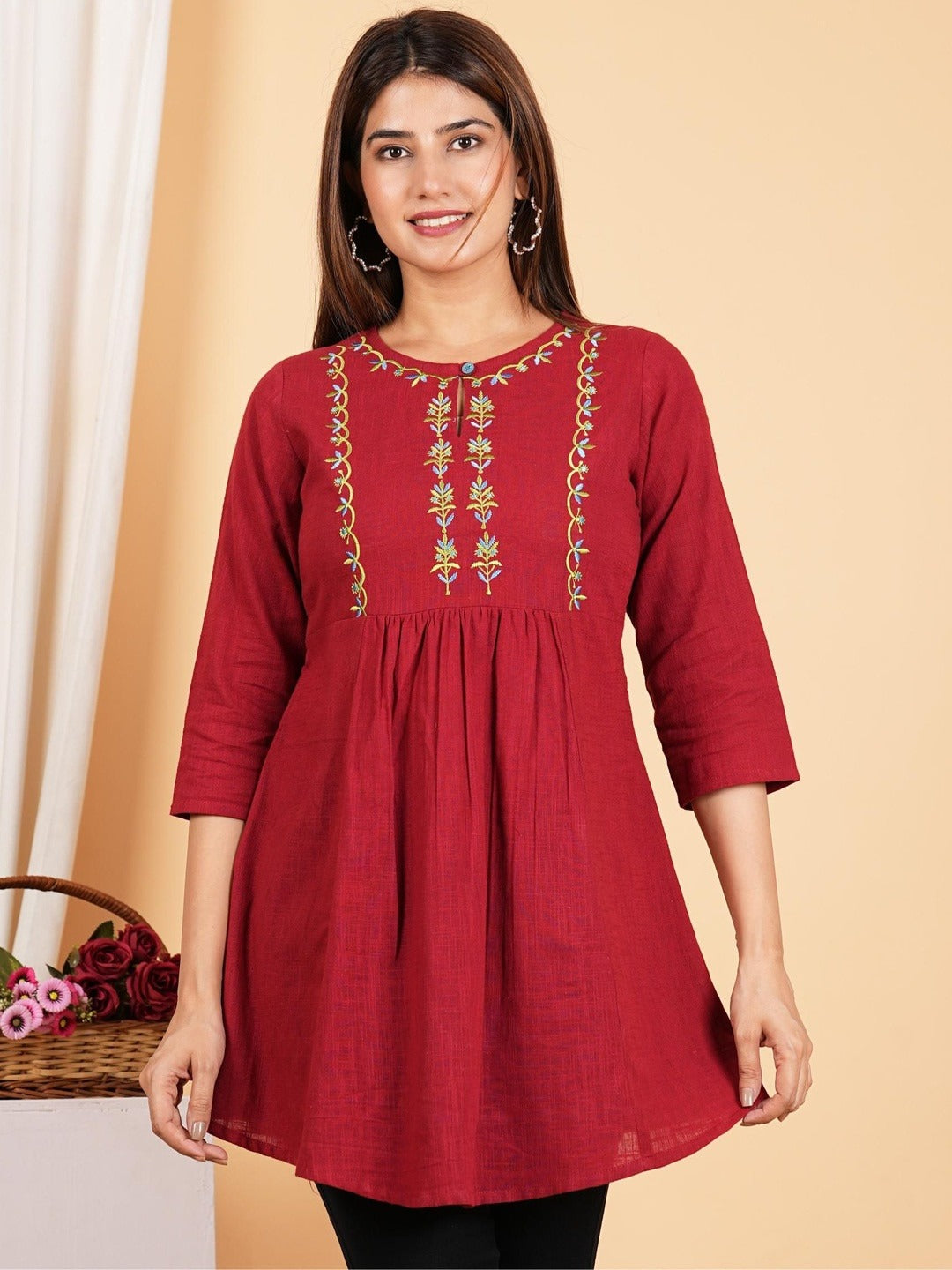 Women's Cotton Embroidered 3/4th Sleeve Keyhole Neck Regular Fitted Short Kurti