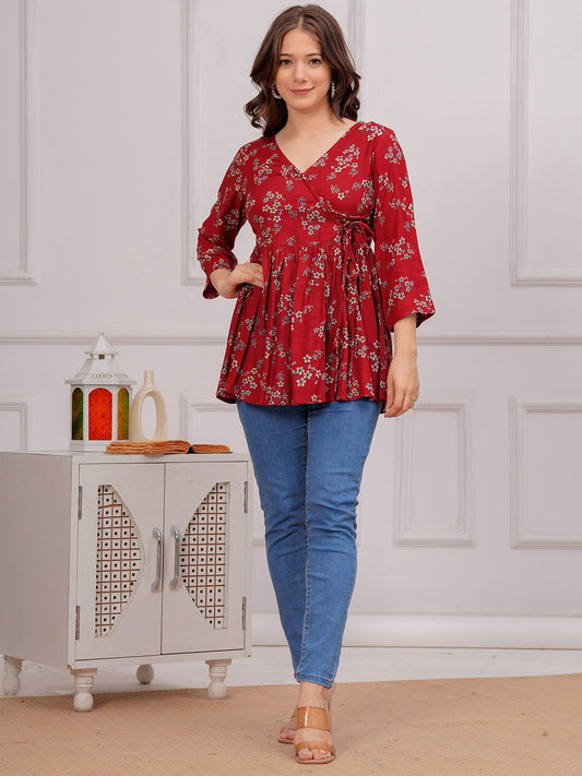 Floral Printed V-Neck Angrakha Kurti