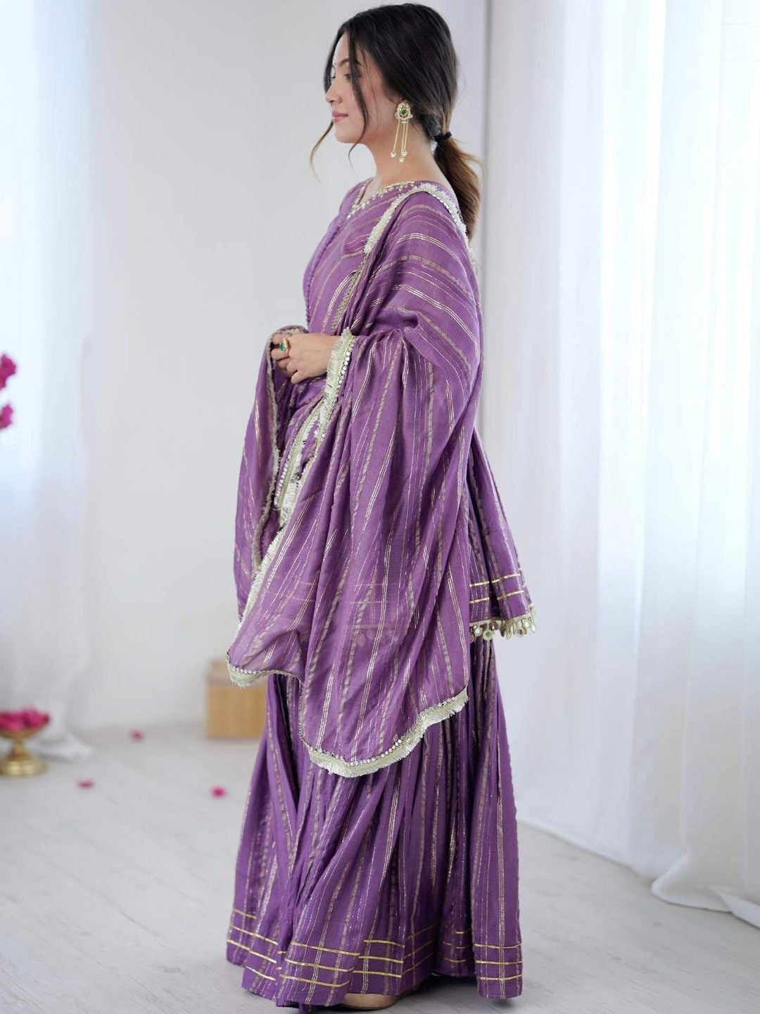 Women Printed Empire Gotta Patti Cotton Kurta with Sharara & With Dupatta