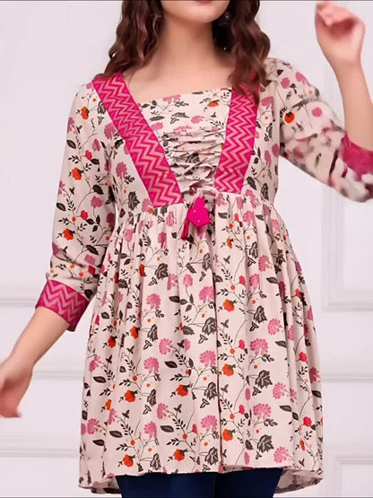 Floral Printed V-Neck A-Line Kurti