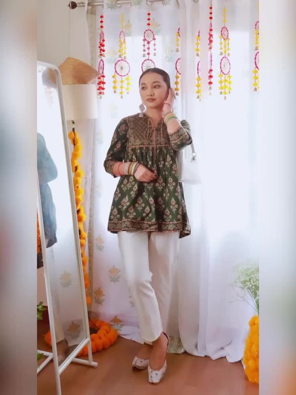 Green & Maroon Floral Printed Sequinned Pure Cotton Sequinned Kurti