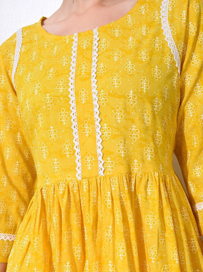 Floral Printed Round Neck Anarkali Short Kurti