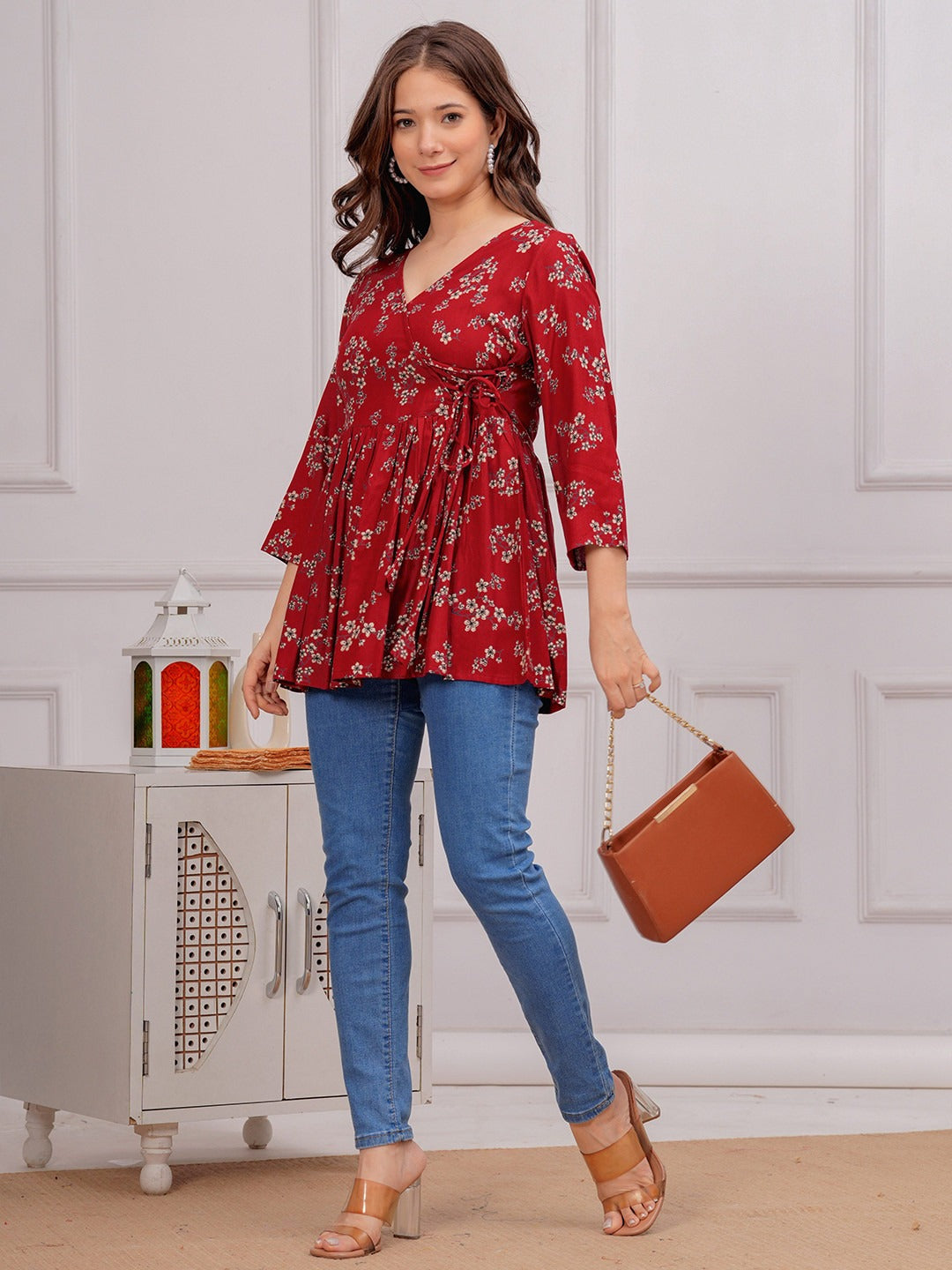 Floral Printed V-Neck Angrakha Kurti