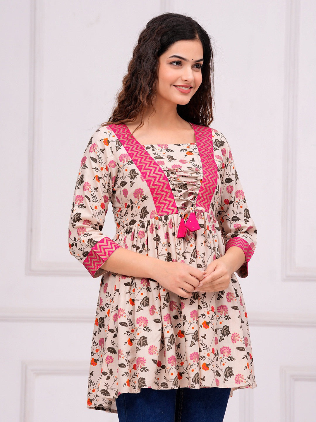 Floral Printed V-Neck A-Line Kurti
