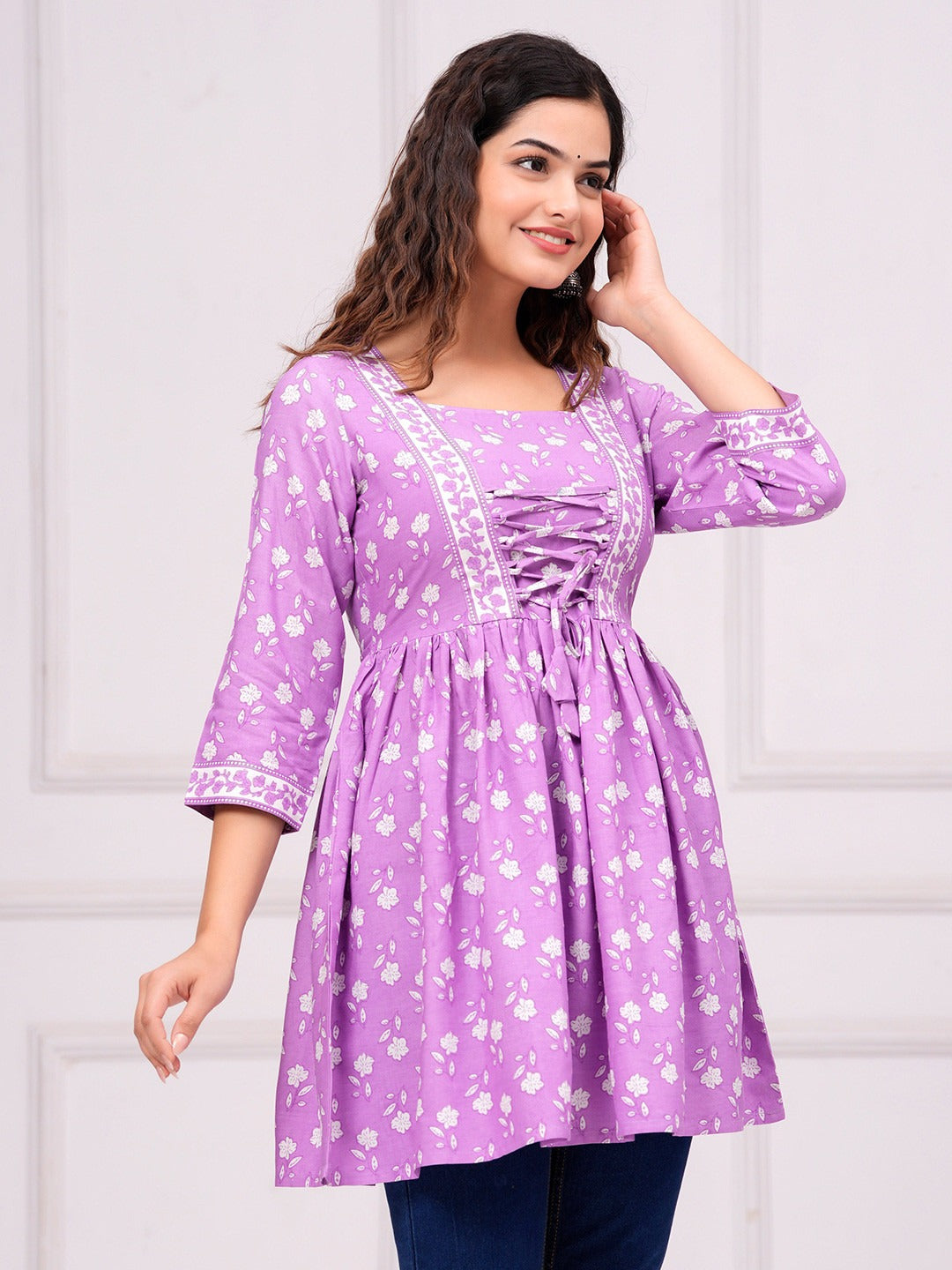 Floral Printed V-Neck A-Line Kurti