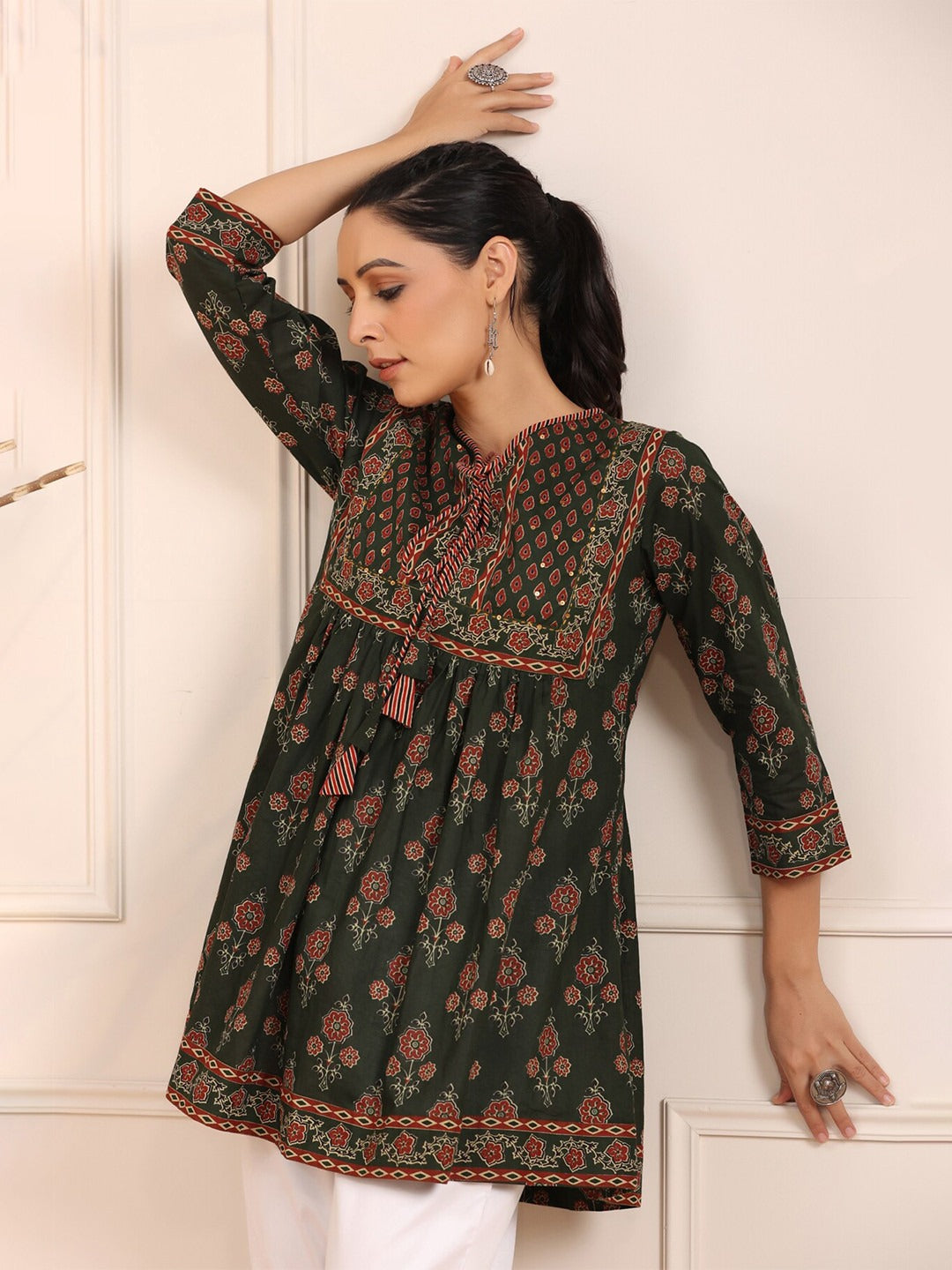 Green & Maroon Floral Printed Sequinned Pure Cotton Sequinned Kurti