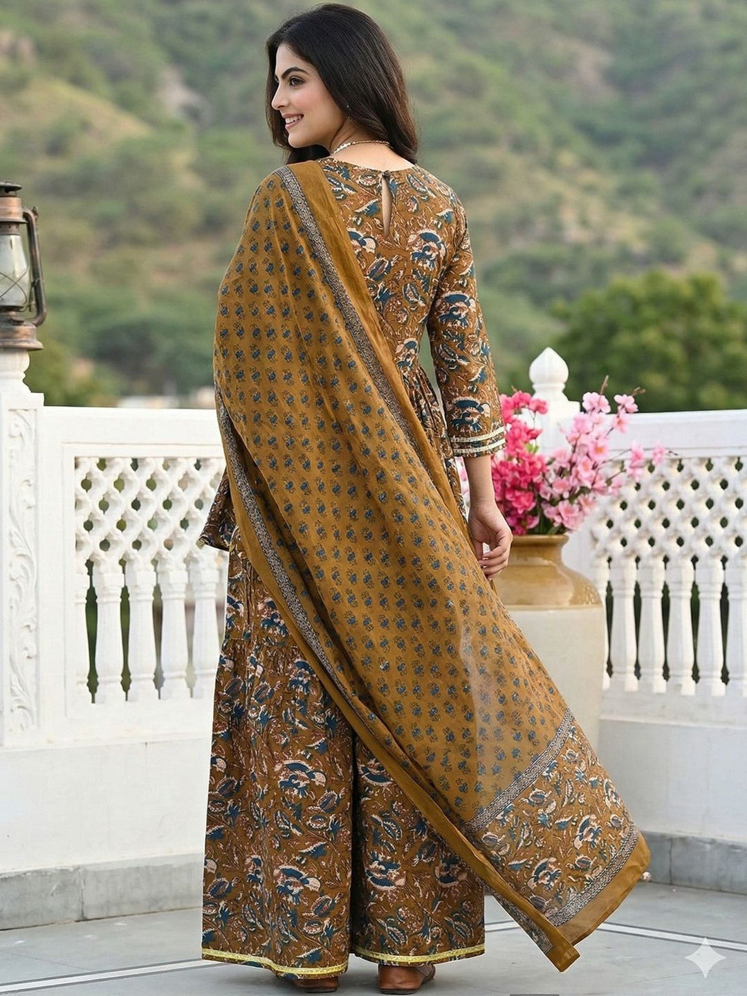 Women Floral Printed Pure Cotton Kurta with Sharara & With Dupatta