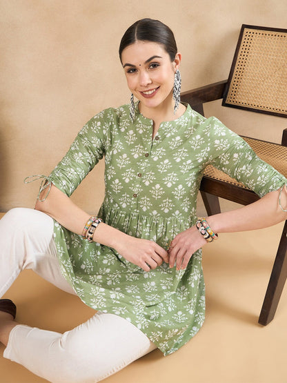 Floral Printed Ruched Cotton A-Line Short Kurti