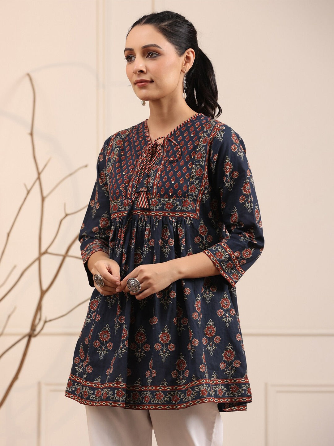 Blue & Rust Floral Printed Pure Cotton Empire Kurti