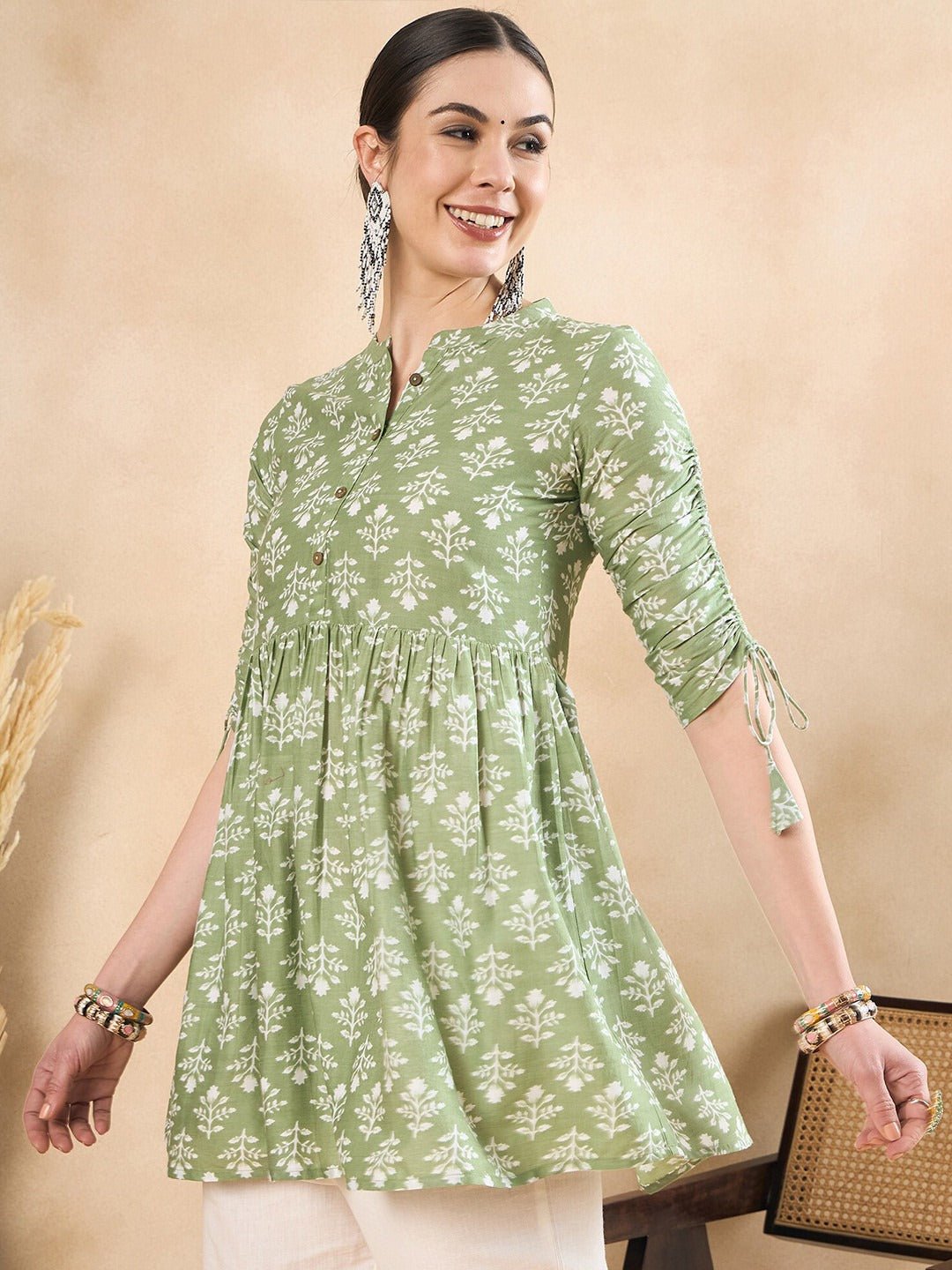 Floral Printed Ruched Cotton A-Line Short Kurti