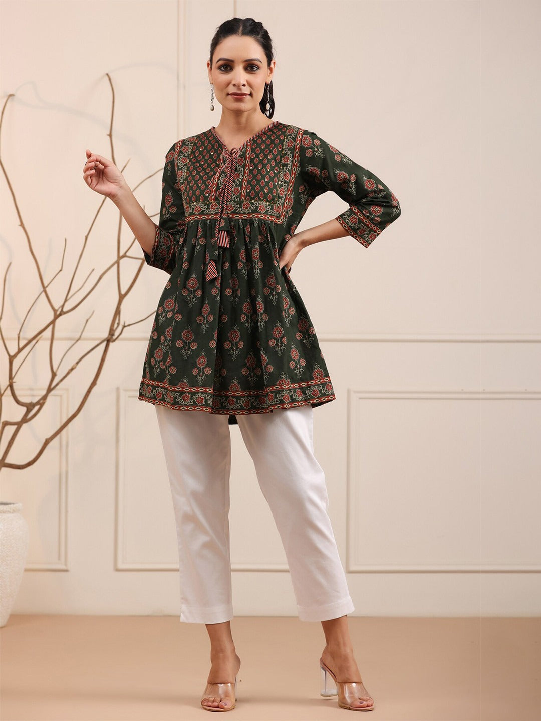 Green & Maroon Floral Printed Sequinned Pure Cotton Sequinned Kurti