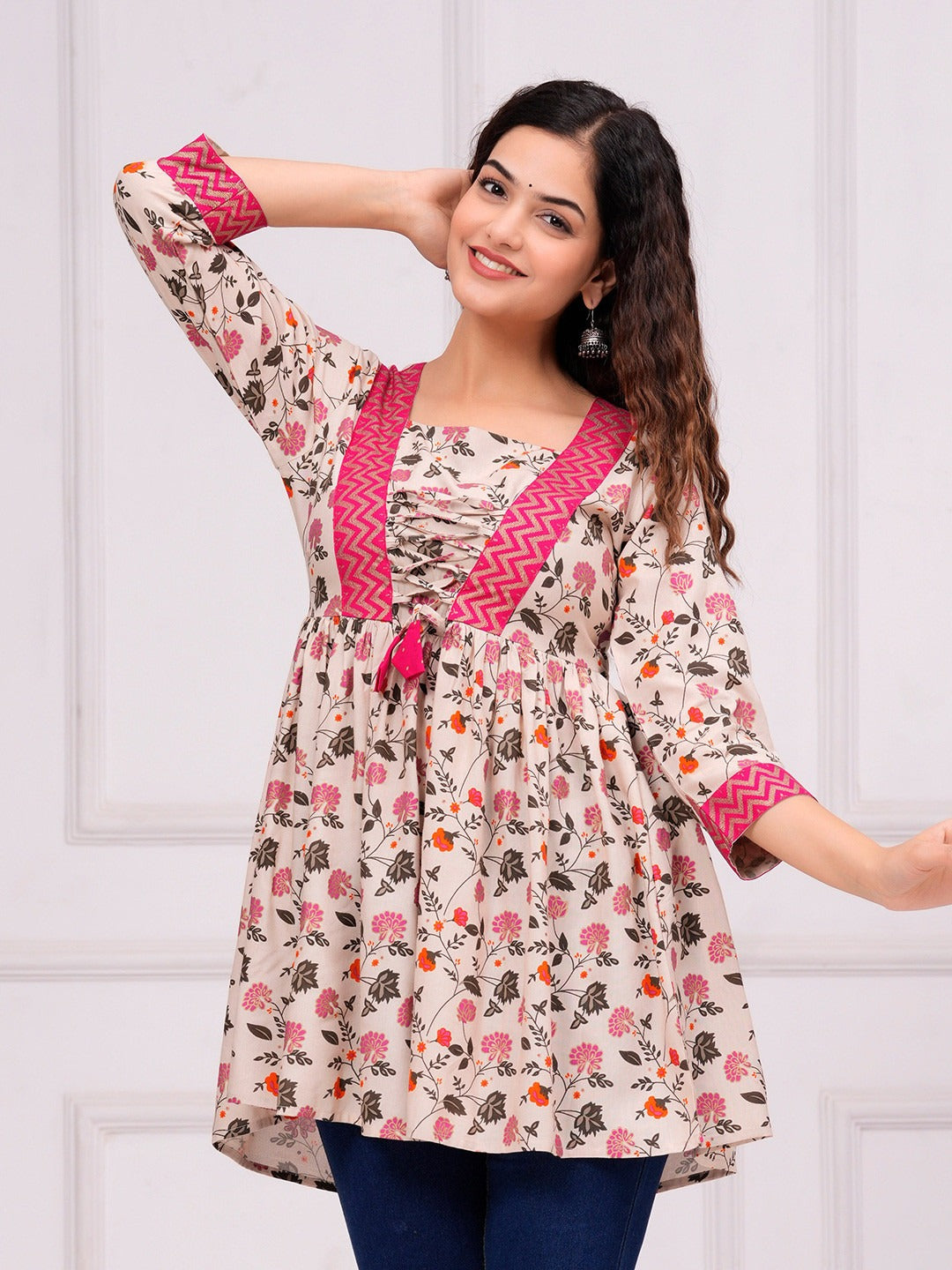 Floral Printed V-Neck A-Line Kurti