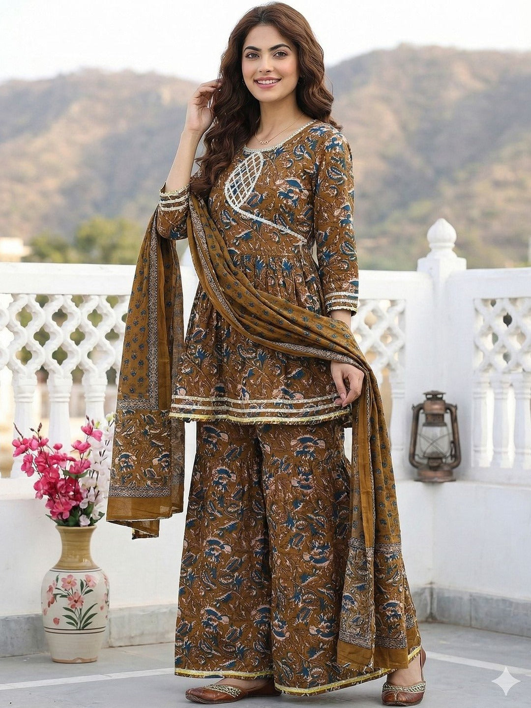 Women Floral Printed Pure Cotton Kurta with Sharara & With Dupatta