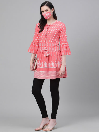 Keyhole Neck Ethnic Printed A-Line Short Kurti