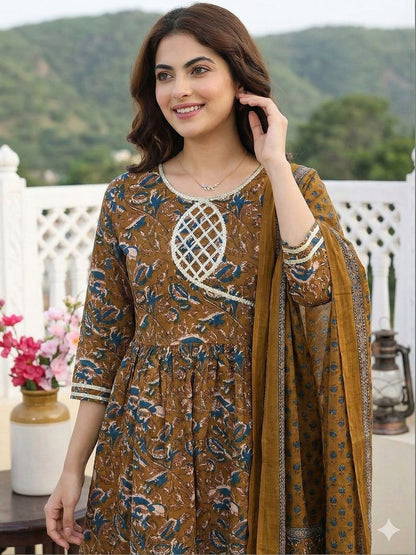 Women Floral Printed Pure Cotton Kurta with Sharara & With Dupatta
