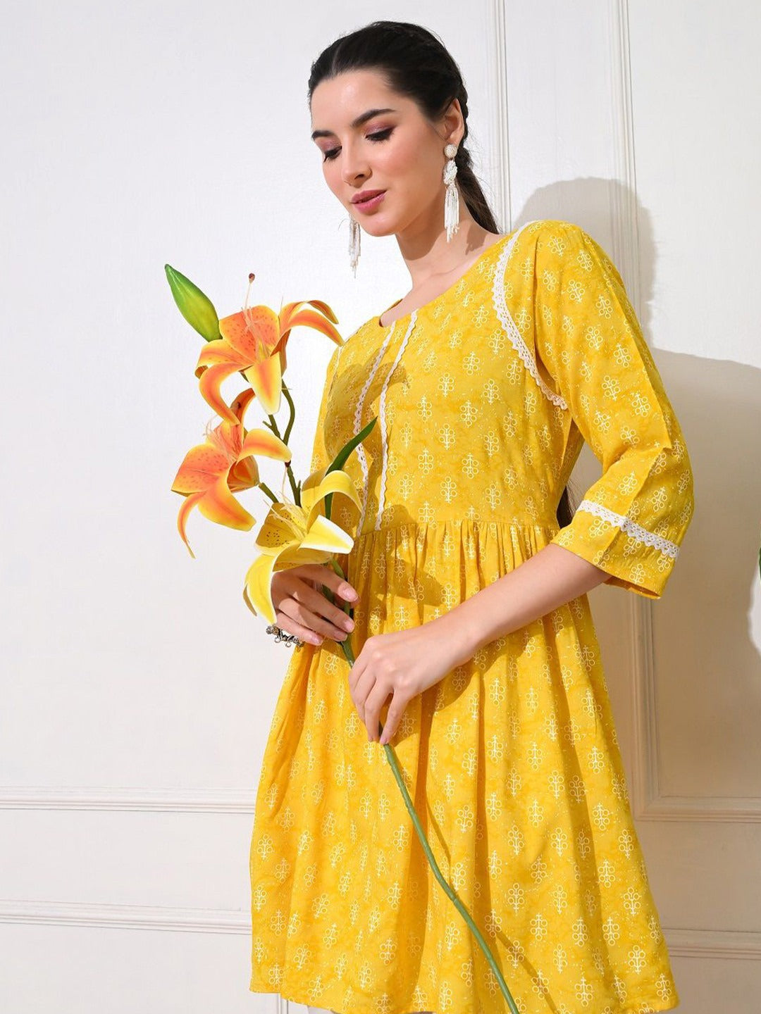 Floral Printed Round Neck Anarkali Short Kurti