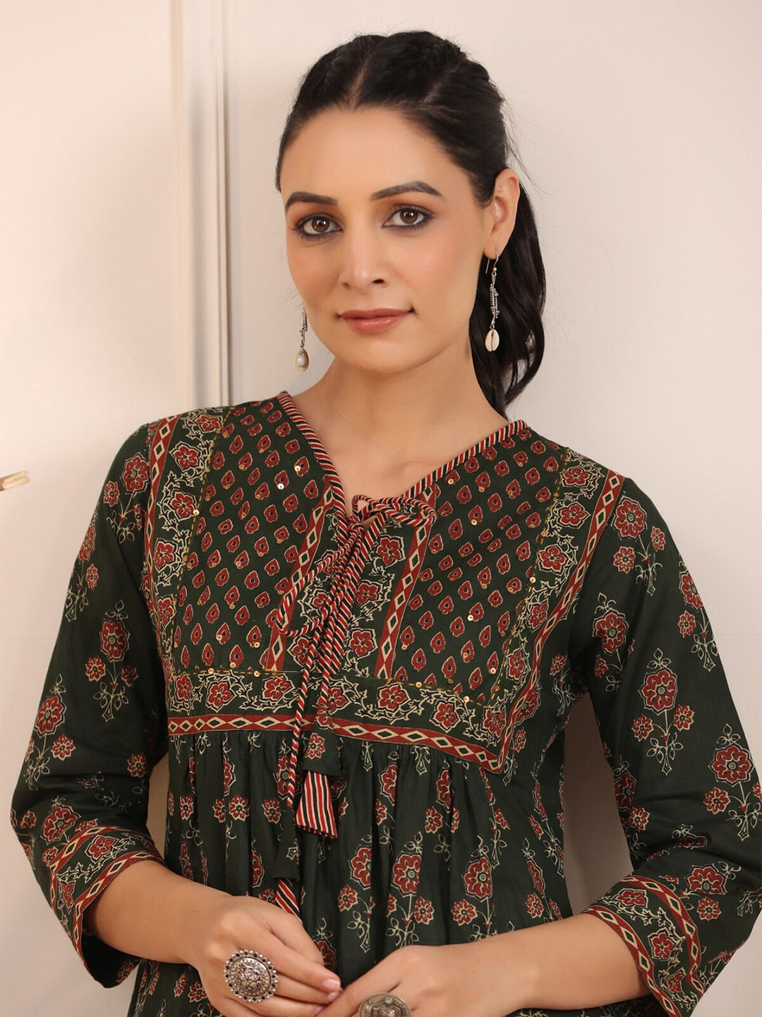 Green & Maroon Floral Printed Sequinned Pure Cotton Sequinned Kurti