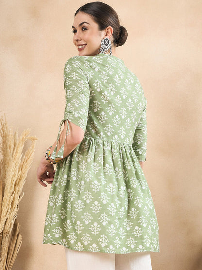 Floral Printed Ruched Cotton A-Line Short Kurti