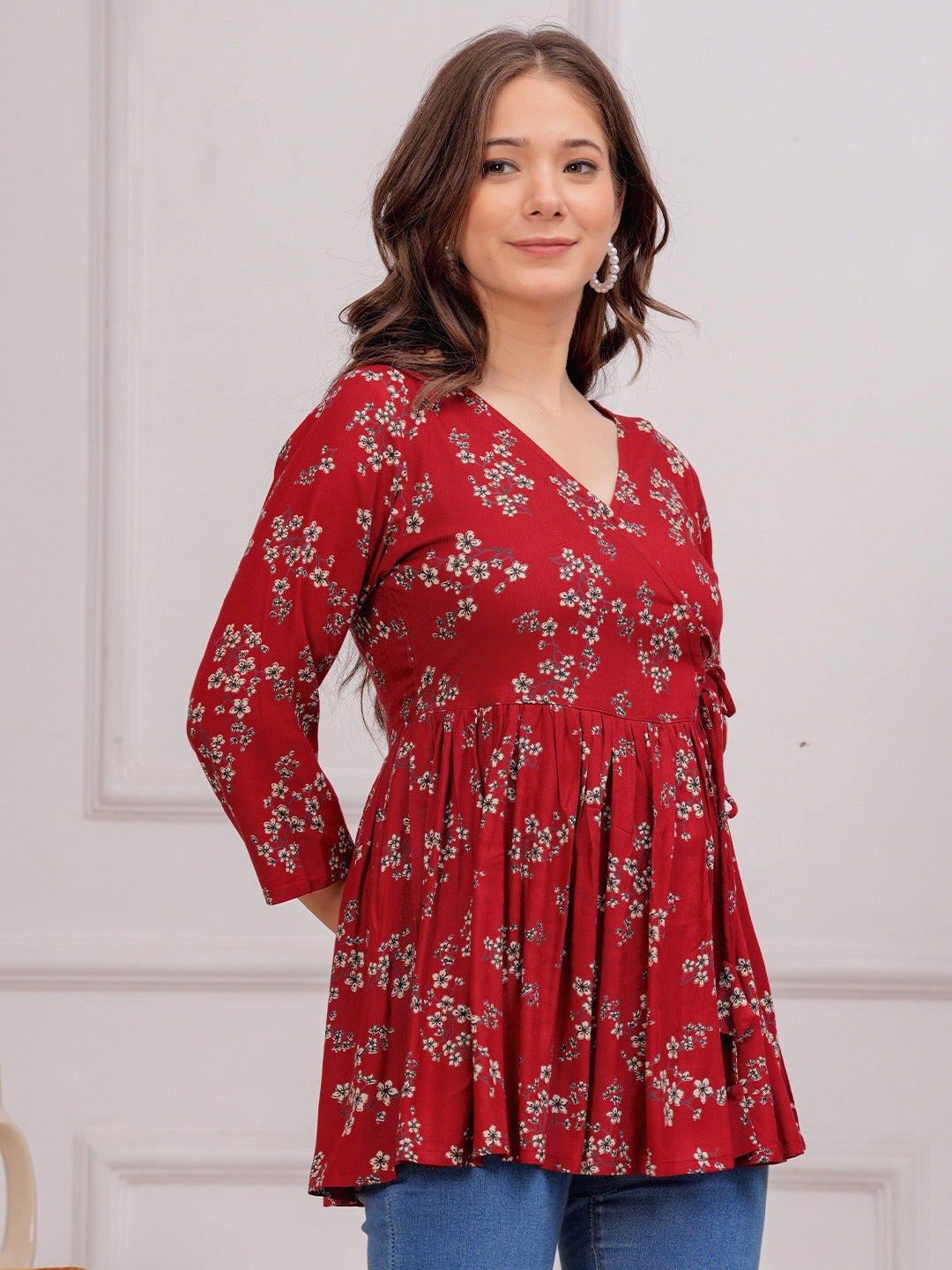 Floral Printed V-Neck Angrakha Kurti