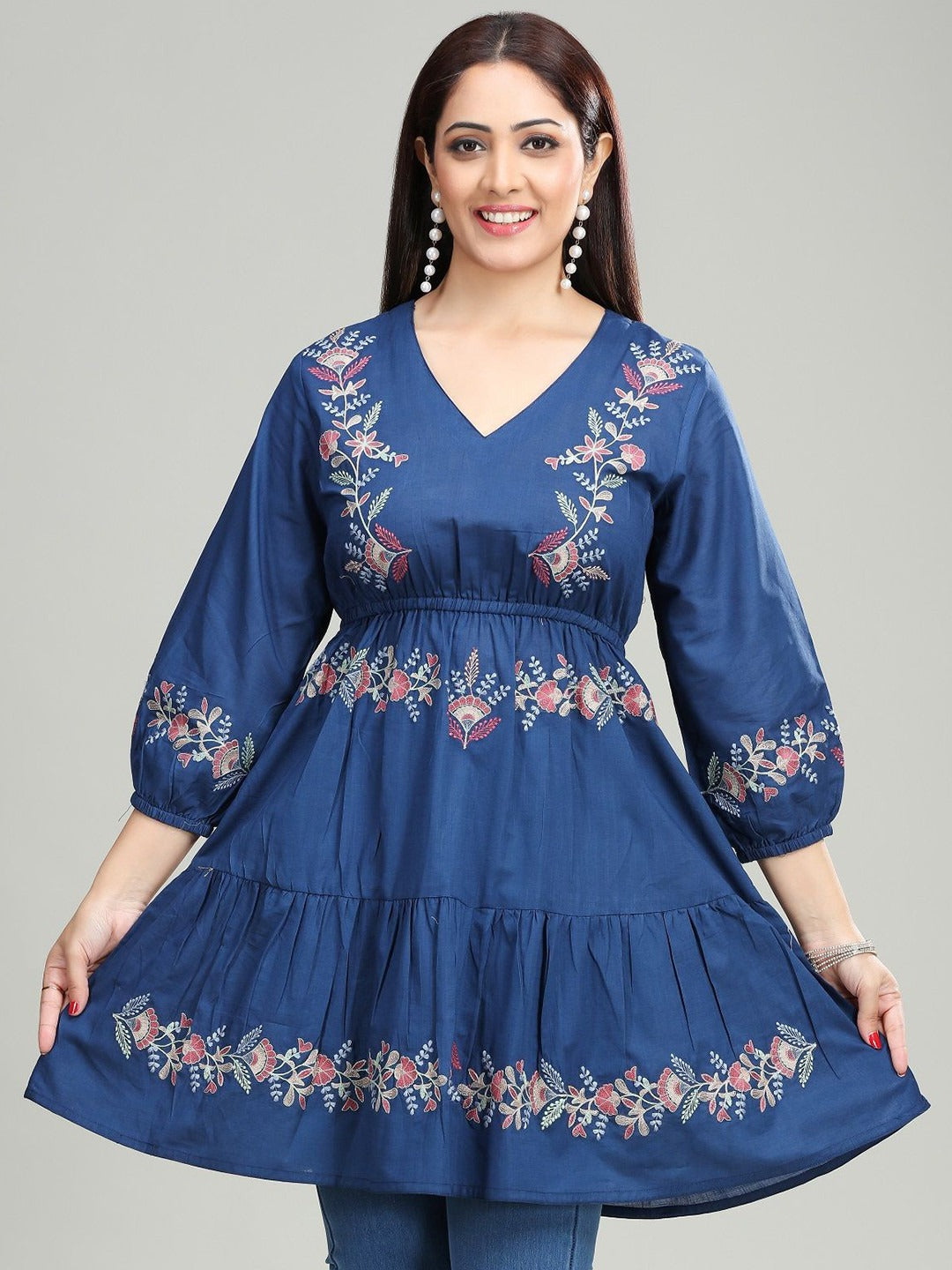 Women Floral V-Neck Thread Work Pure Cotton Thread Work Anarkali Kurti