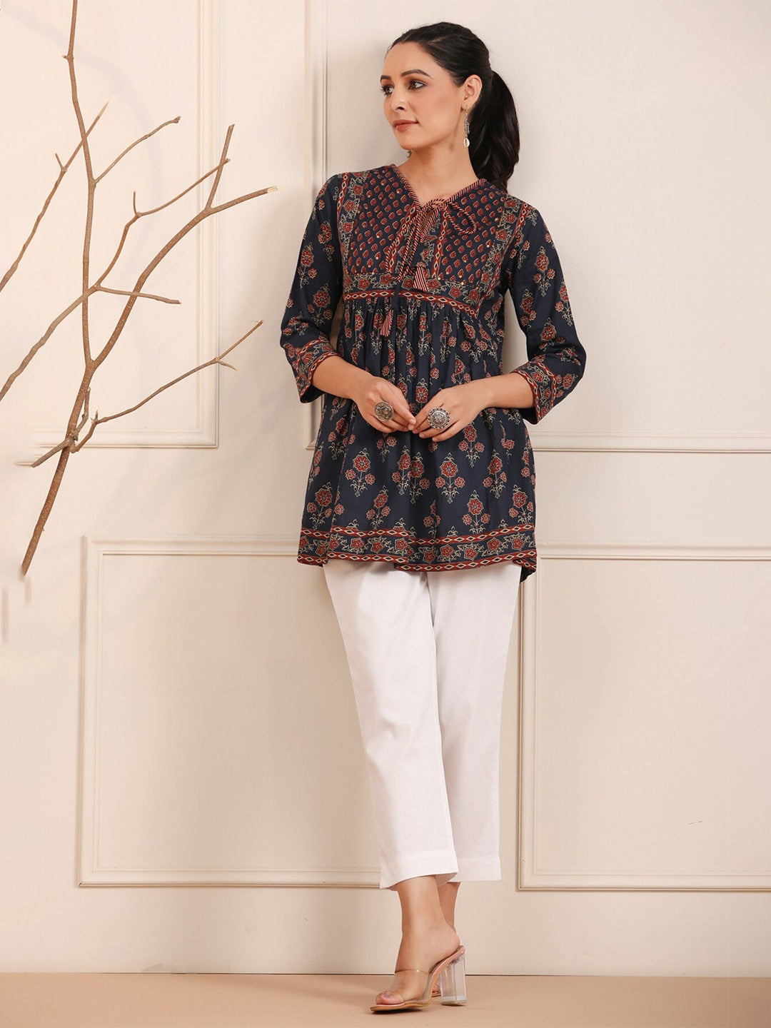 Blue & Rust Floral Printed Pure Cotton Empire Kurti