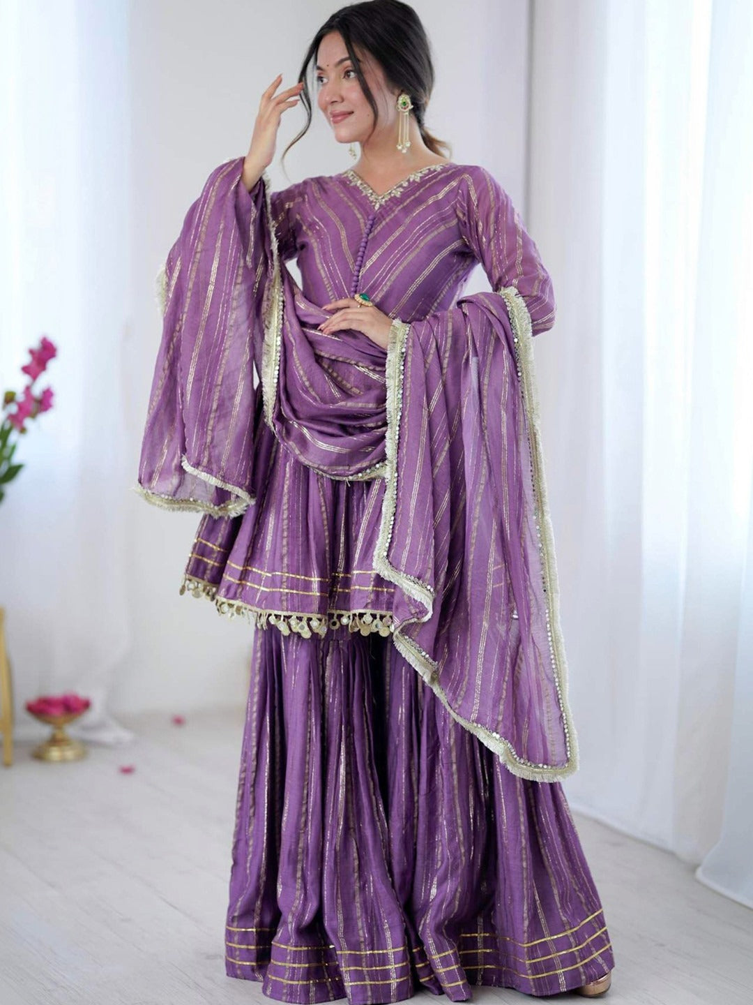 Women Printed Empire Gotta Patti Cotton Kurta with Sharara & With Dupatta