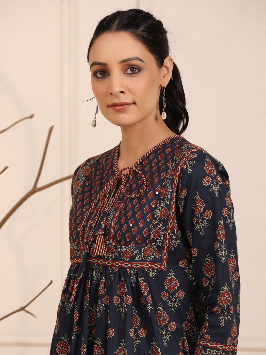 Blue & Rust Floral Printed Pure Cotton Empire Kurti