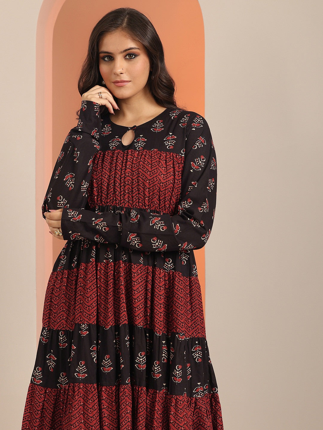 Black &amp; Maroon Printed Kurta with Churidar