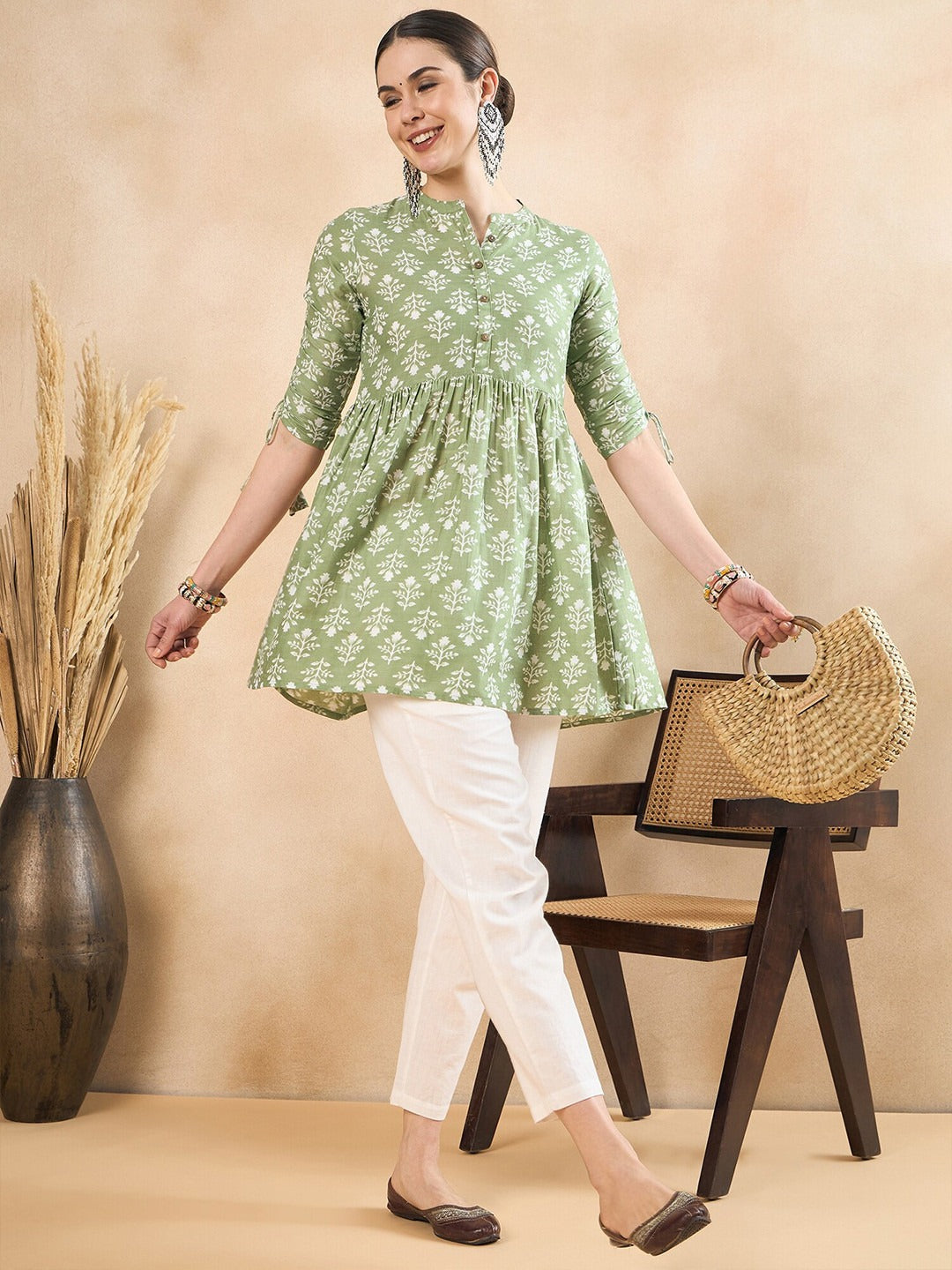 Floral Printed Ruched Cotton A-Line Short Kurti