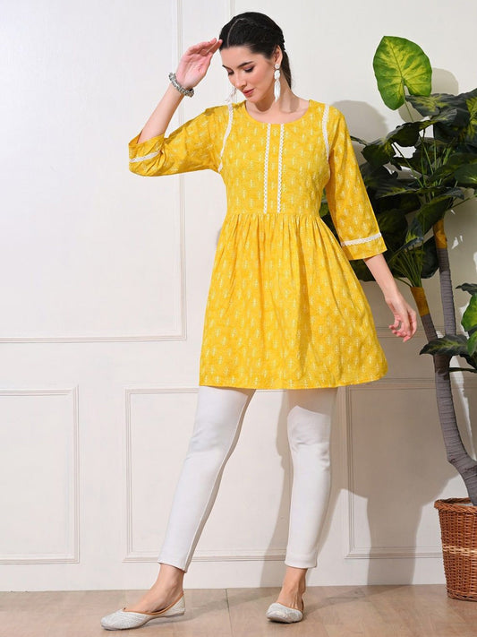 Floral Printed Round Neck Anarkali Short Kurti