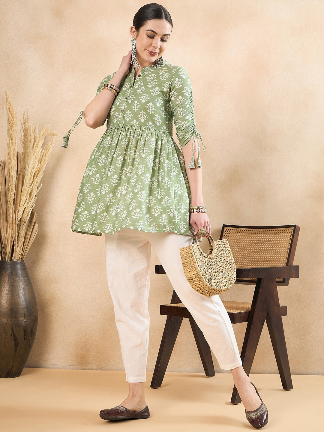 Floral Printed Ruched Cotton A-Line Short Kurti