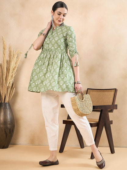 Floral Printed Ruched Cotton A-Line Short Kurti