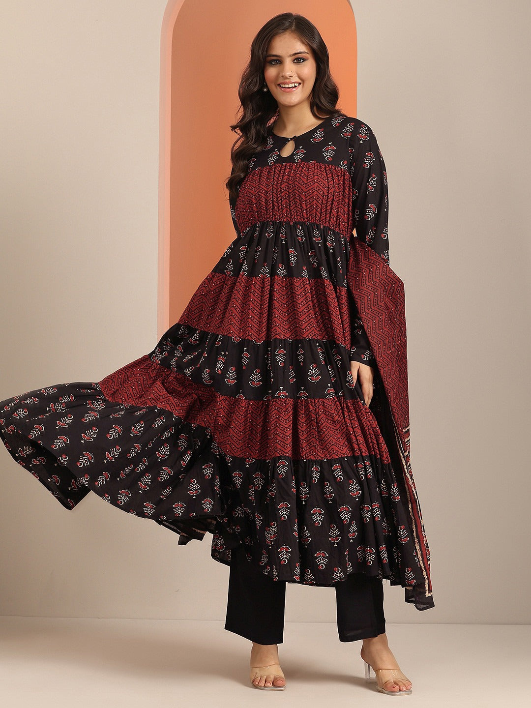 Black &amp; Maroon Printed Kurta with Churidar