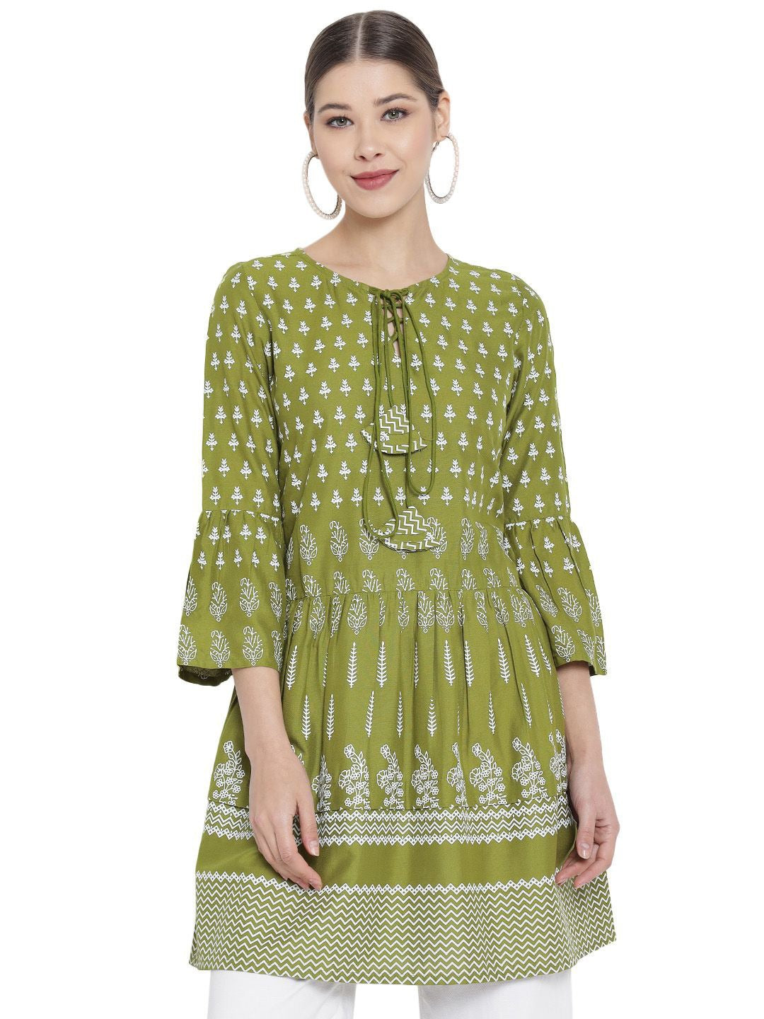 Keyhole Neck Ethnic Printed A-Line Short Kurti