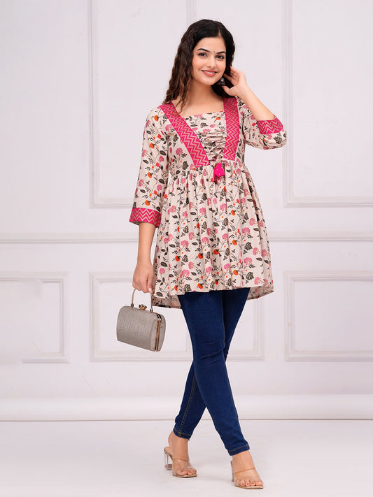 Floral Printed V-Neck A-Line Kurti