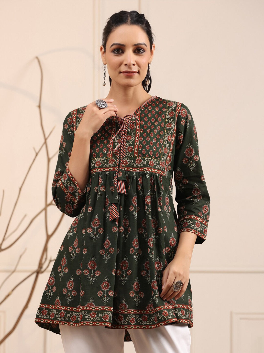 Green & Maroon Floral Printed Sequinned Pure Cotton Sequinned Kurti
