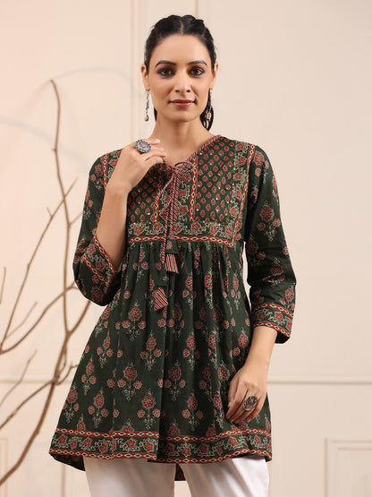 Green & Maroon Floral Printed Sequinned Pure Cotton Sequinned Kurti