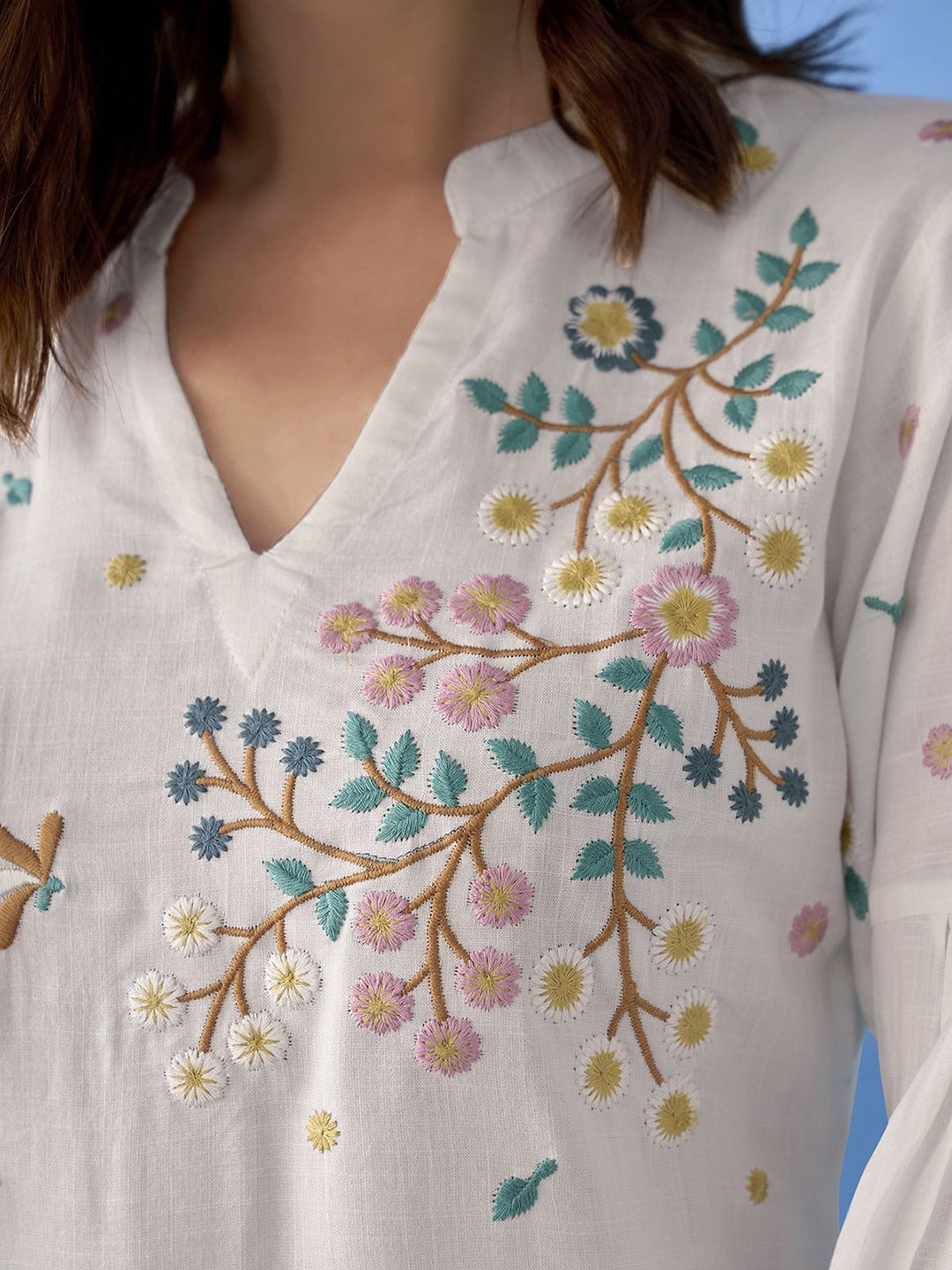 Floral Embroidered Mandarin Collar A-Line Kurti