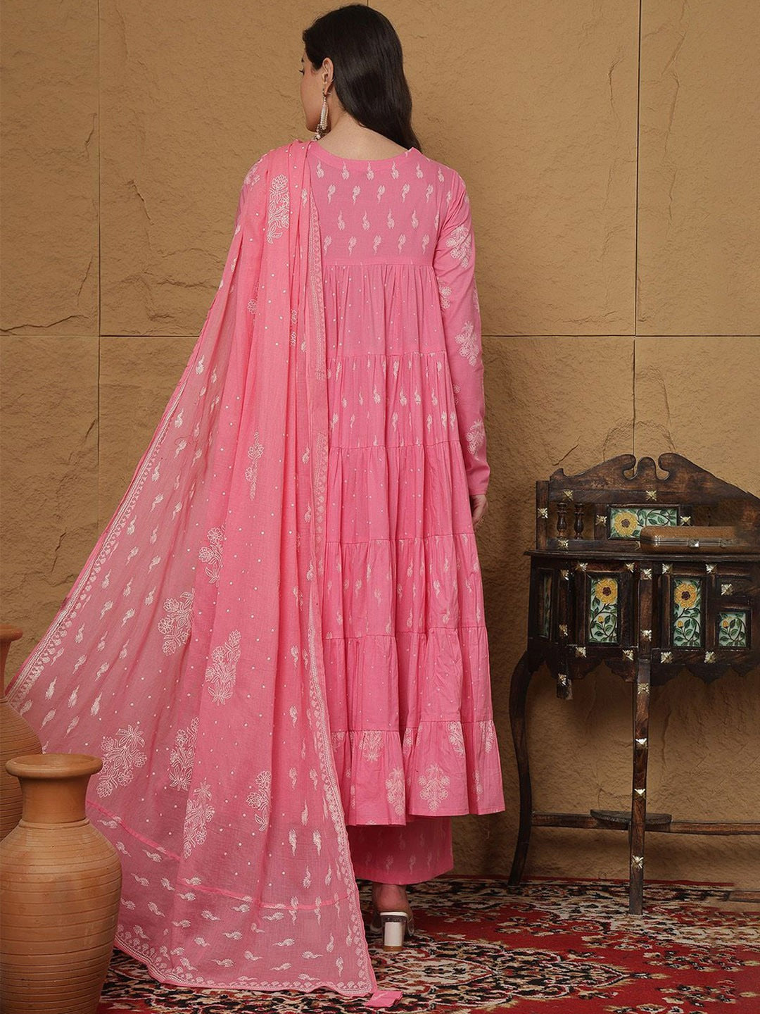 Floral Printed Keyhole Neck Cotton Anarkali Kurta With Palazzos & Dupatta