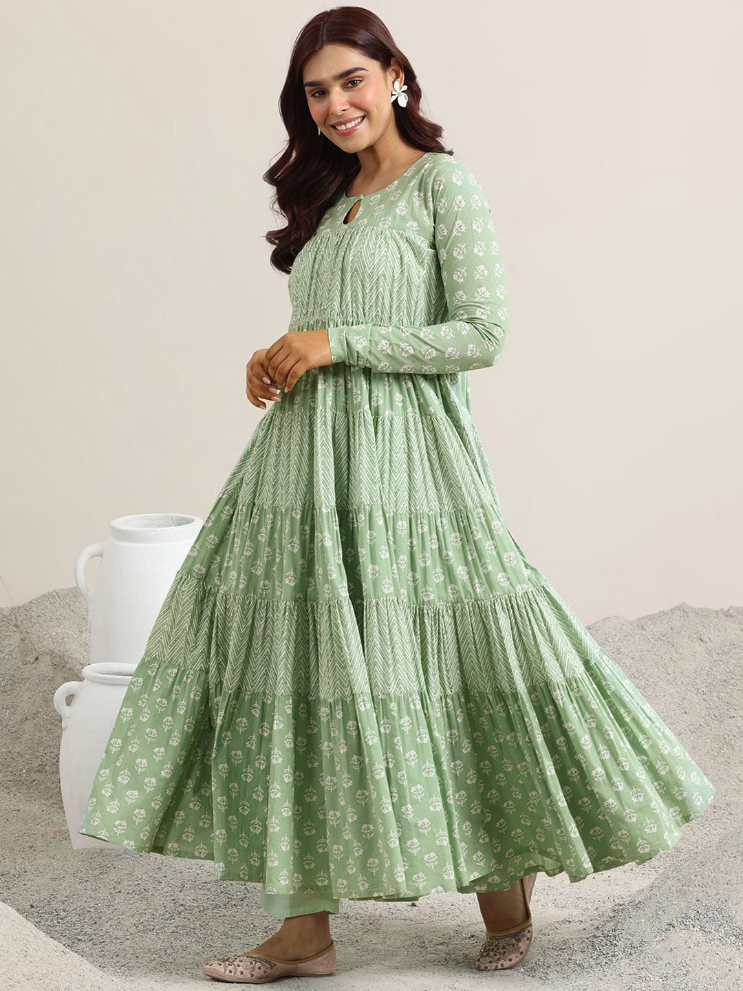 Womens Green Printed Cotton Anarkali Kurta With Trousers & Dupatta