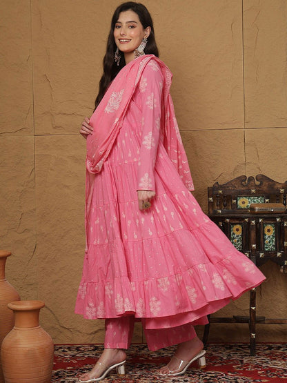 Floral Printed Keyhole Neck Cotton Anarkali Kurta With Palazzos & Dupatta