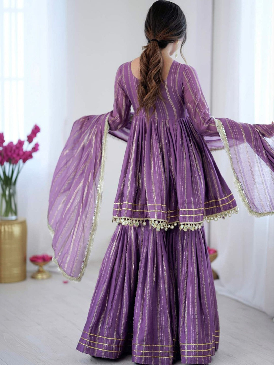 Women Printed Empire Gotta Patti Cotton Kurta with Sharara & With Dupatta