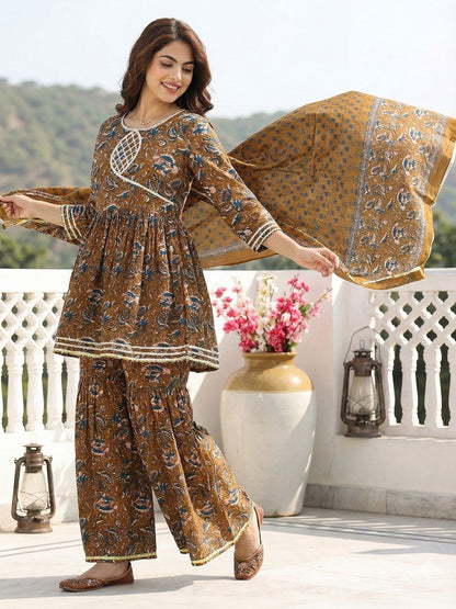 Women Floral Printed Pure Cotton Kurta with Sharara & With Dupatta