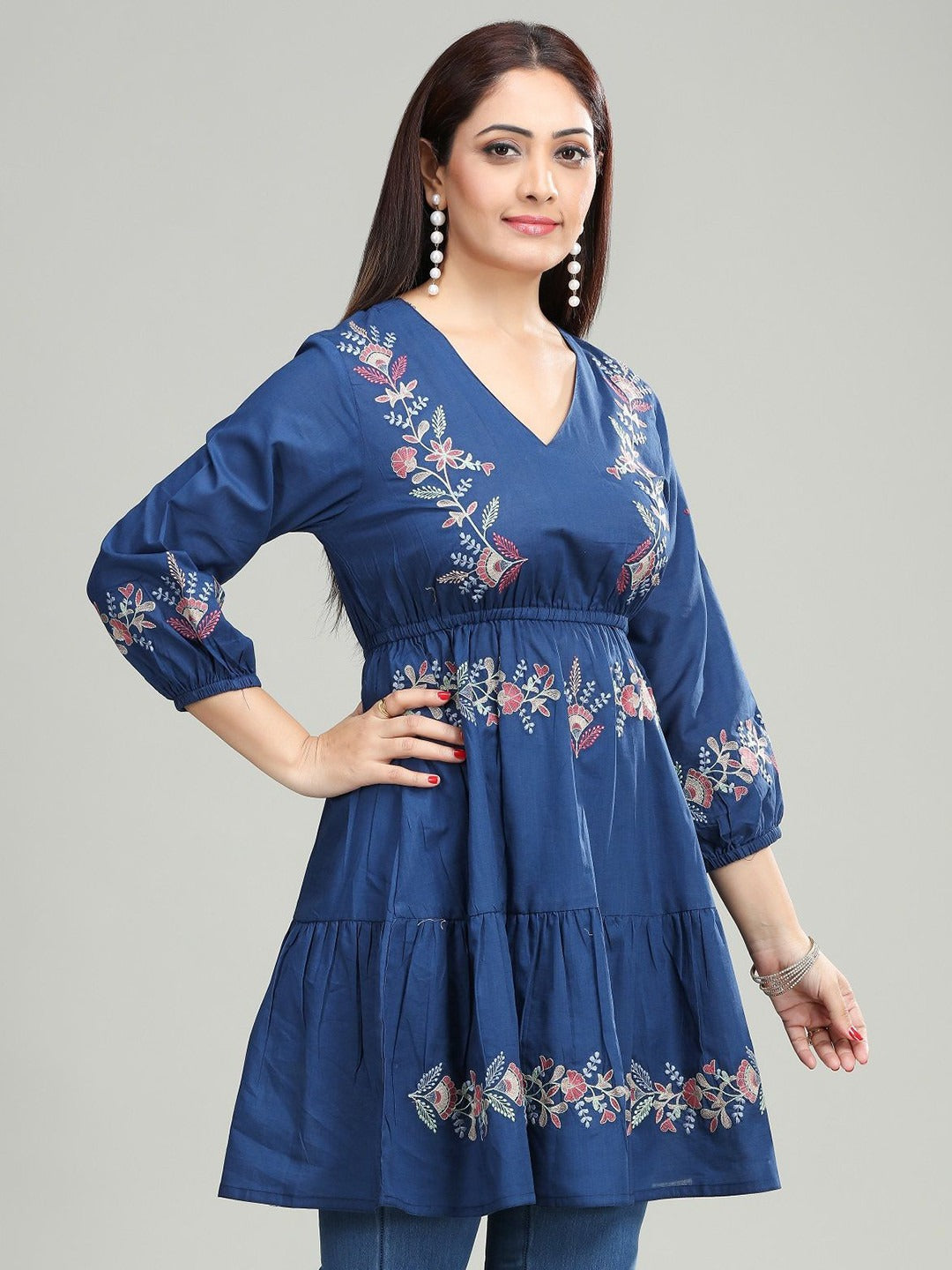 Women Floral V-Neck Thread Work Pure Cotton Thread Work Anarkali Kurti