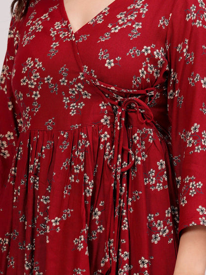 Floral Printed V-Neck Angrakha Kurti