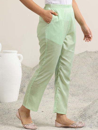 Womens Green Printed Cotton Anarkali Kurta With Trousers & Dupatta