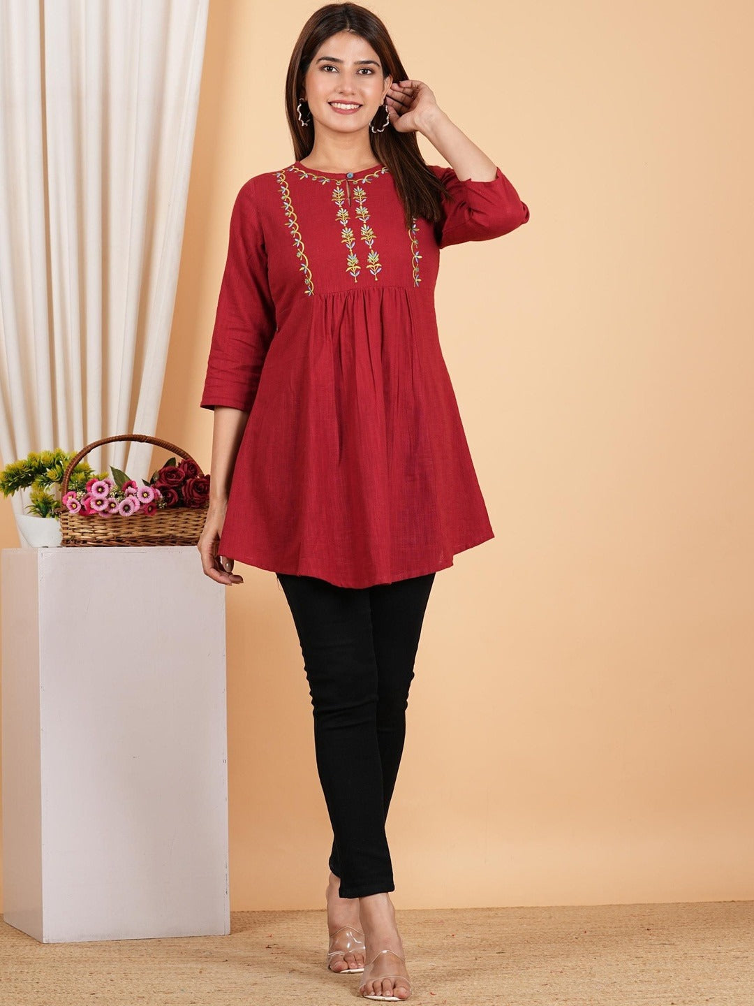 Women's Cotton Embroidered 3/4th Sleeve Keyhole Neck Regular Fitted Short Kurti